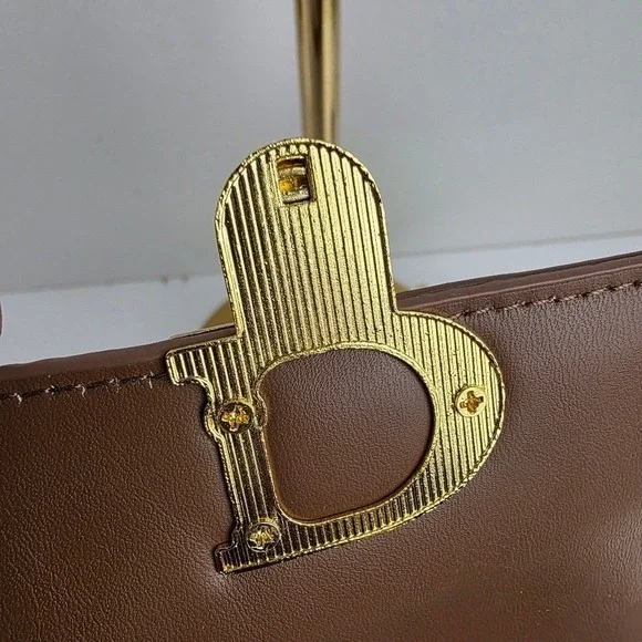 Checkered Top Handle Satchel Handbag Small Crossbody Brown Tan Vegan Leather Pur - Picture 11 of 11